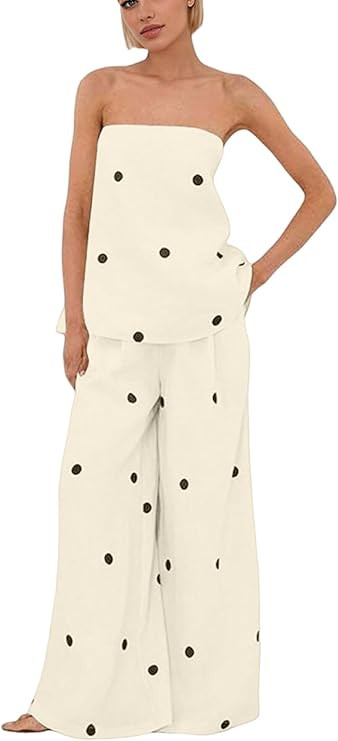 Women Polka Dot 2 Piece Outfits Sets Strapless Bandeau Blouse High Waist Wide Leg Pants Summer Va... | Amazon (US)