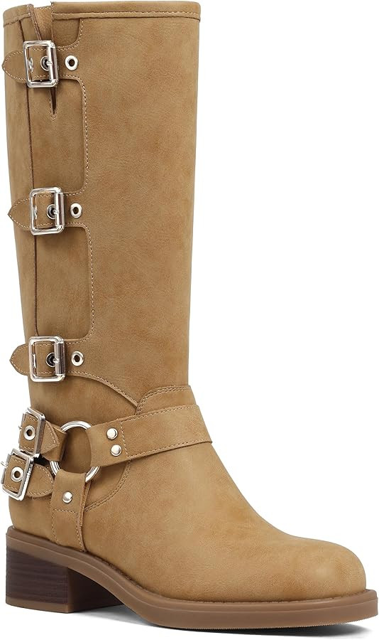 Knee High Boots Women Square Toe Pull On Wide Calf Riding Fashion Buckles Chunky Metallic Casual ... | Amazon (US)