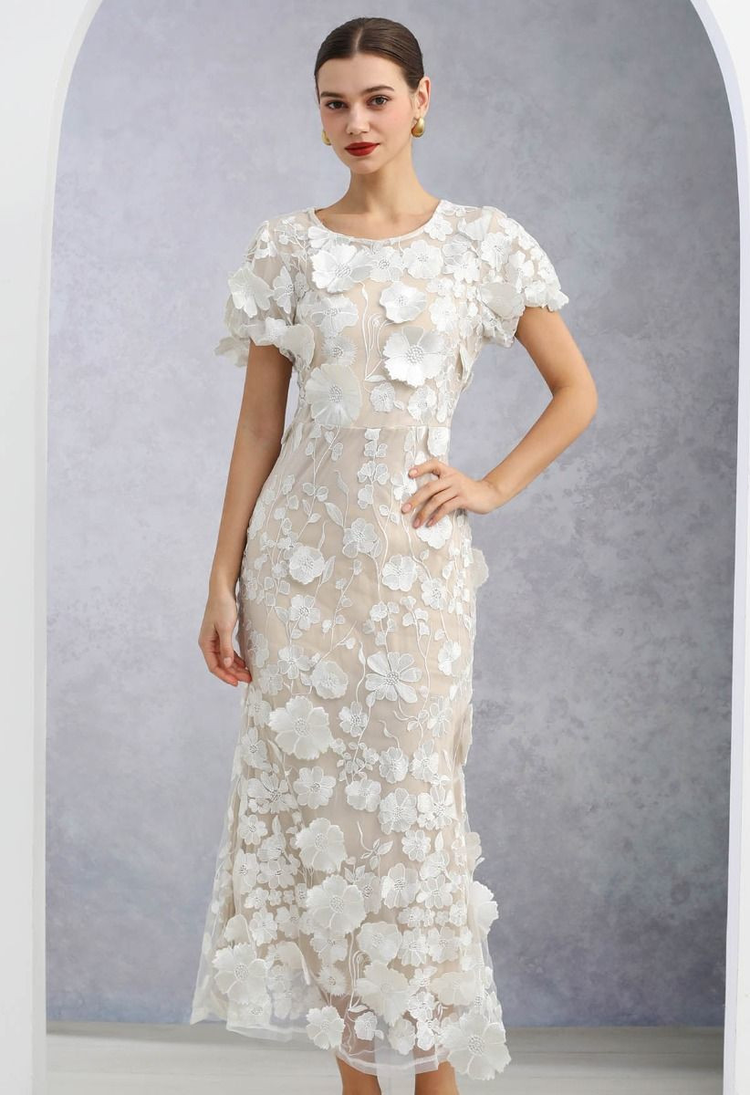 3D Floral Applique Mesh Tulle Mermaid Maxi Dress in White | Chicwish