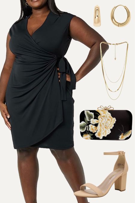 Black plus size wrap dress and accessories on Amazon. 

#weddingguestdress #neutralblockheelsandals #goldlayerednecklace #blackclutch #cocktaildress

#LTKcurves #LTKstyletip #LTKwedding