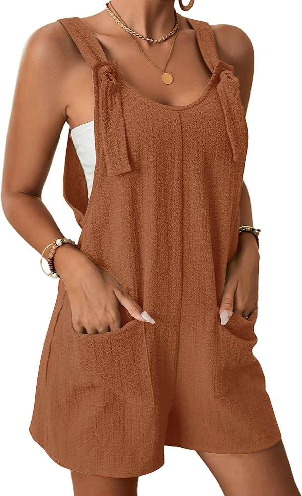 Hvewarm Women Summer Linen Overalls Shorts Loose Fit Sleeveless Knot Strap Cotton Short Romper Ju... | Amazon (US)