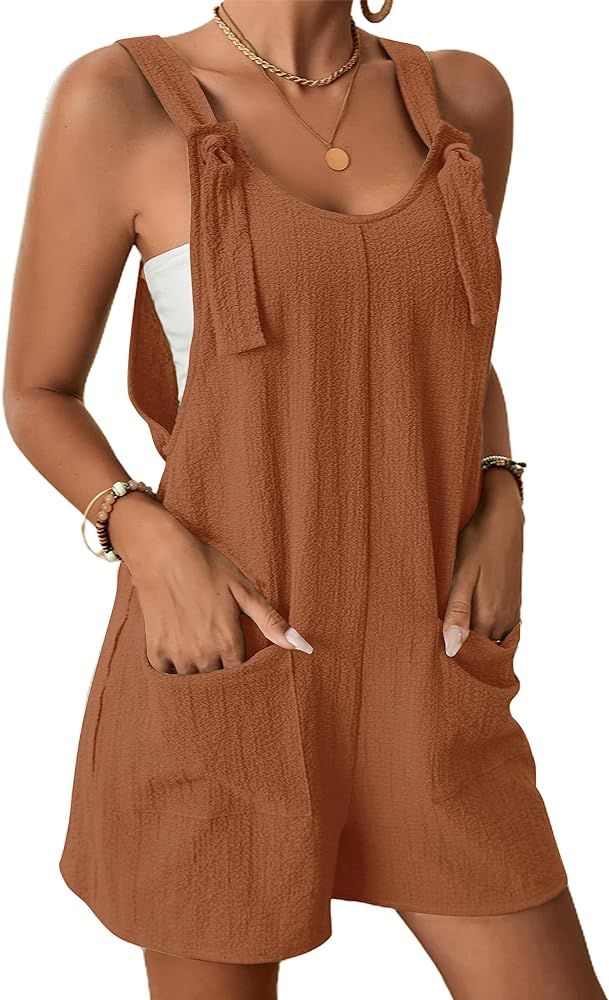 Hvewarm Women Summer Linen Overalls Shorts Loose Fit Sleeveless Knot Strap Cotton Short Romper Ju... | Amazon (US)