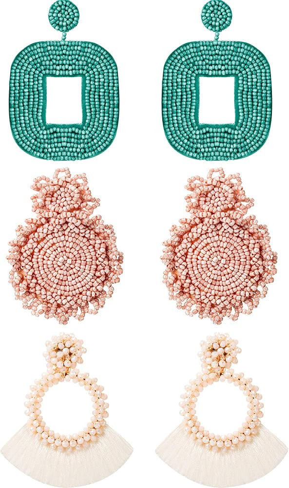 3 Pairs Statement Drop Beaded Earrings Handmade Tassel Fringe Dangle Earrings and Wire Wrapped Squar | Amazon (US)