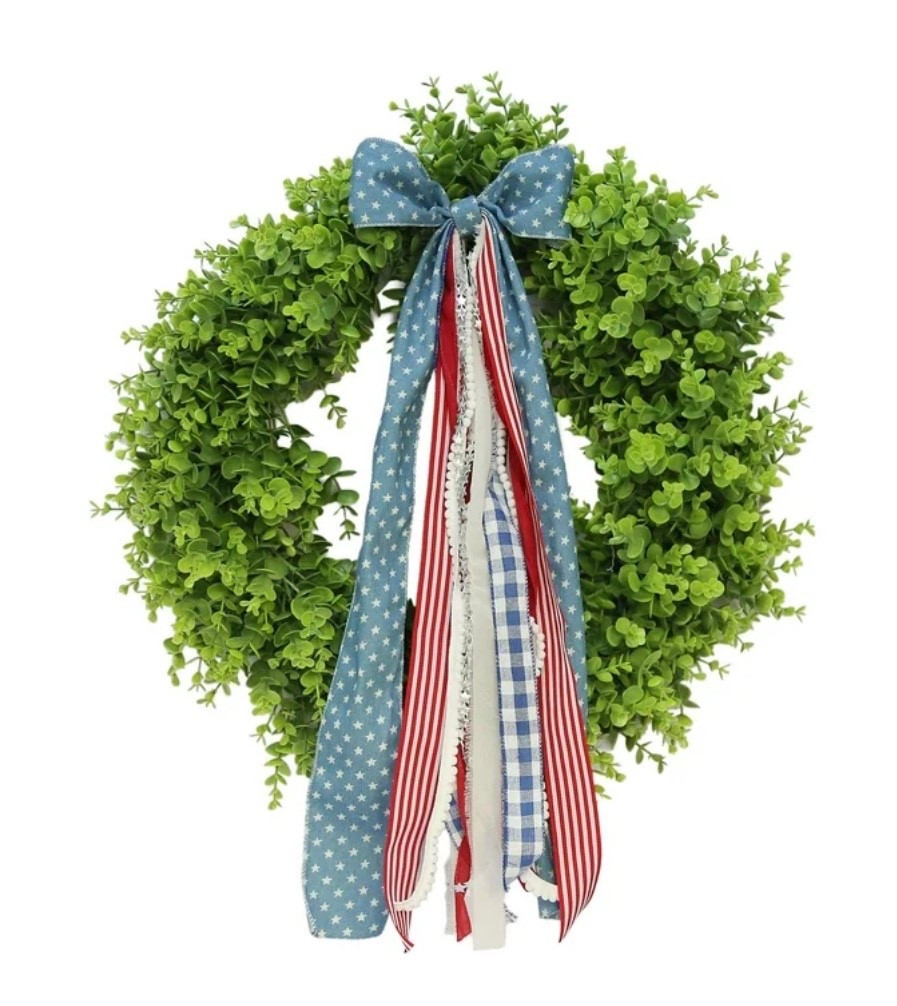 The My Texas House patriotic wreath is so beautiful. It’s giving much more expensive store vibes! Grab one before they are all sold out. Perfect for the Fourth of July or memorial weekend. 🇺🇸 ￼