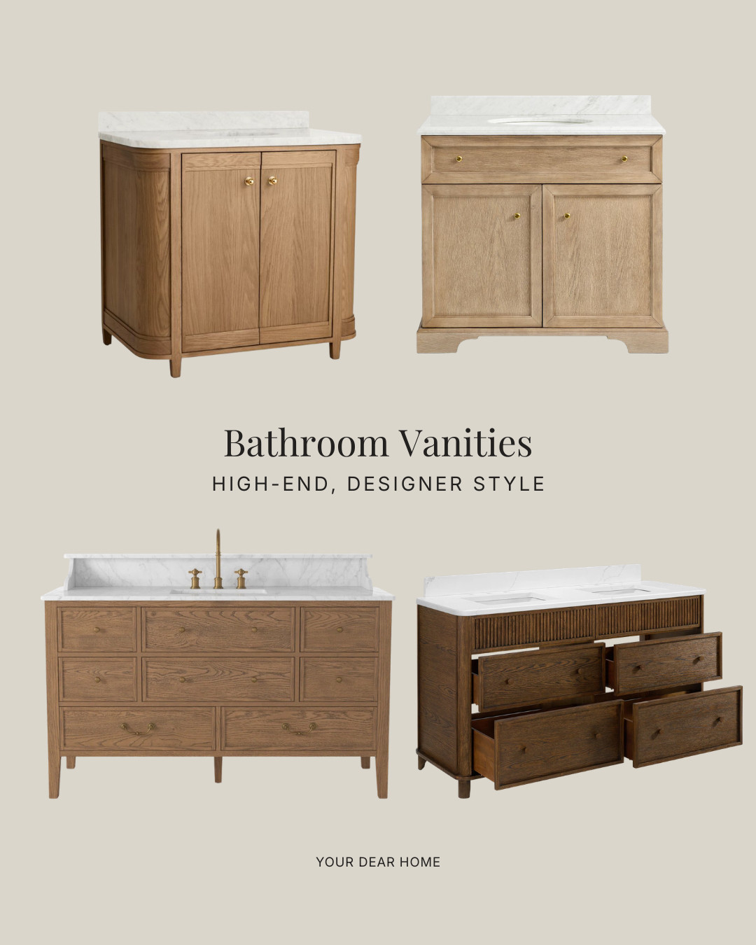 Warm wood bathroom vanities with marble tops that bring in texture, depth, and that high-end custom look 

 #LTKHome