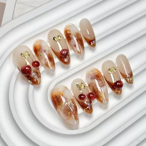 Almond Press on Nails Medium - Handmade Fake Nails with 3D Cherry Design - Ombre Brown, Winter False Nails Press ons - for Women (Size S) | Amazon (US)