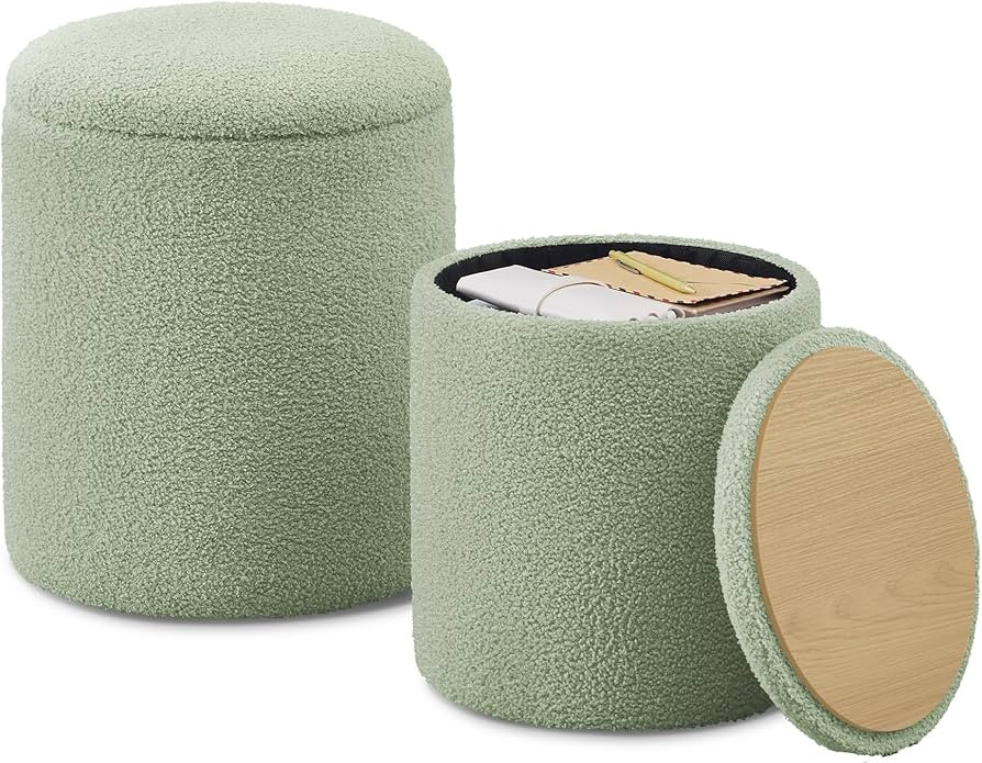 SONGMICS Vanity Stool, Set of 2, Round Storage Ottoman, Small Ottoman Coffee Table, Foot Stool, R... | Amazon (US)