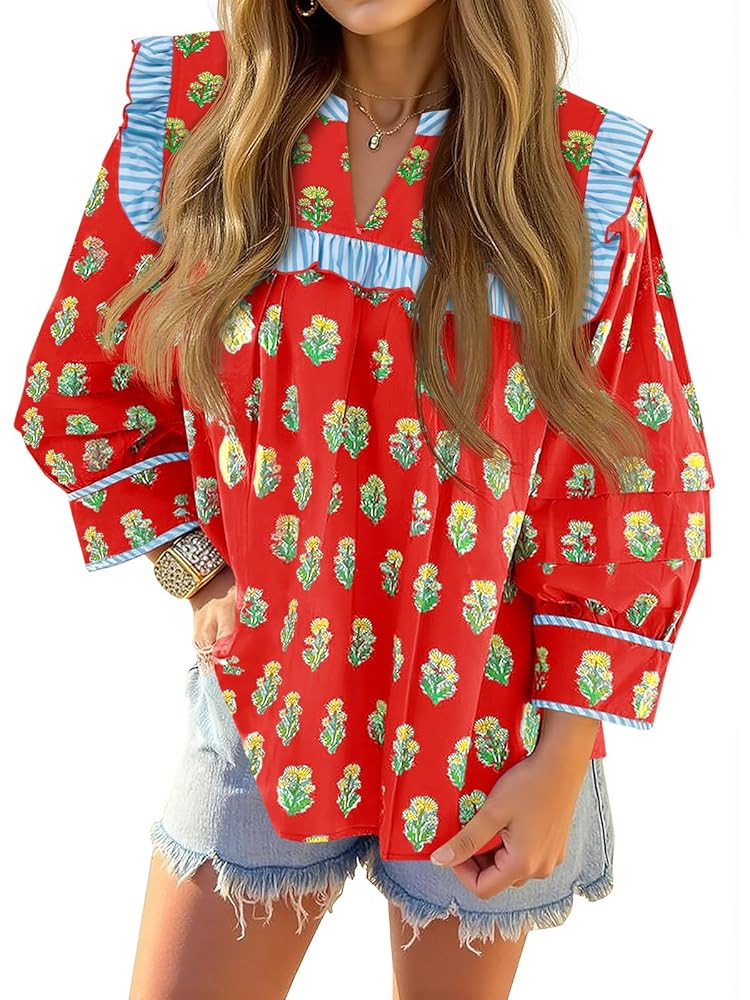 Tankaneo Womens Floral Babydoll Blouse Puff Sleeve Peplum Tops Casual Ruffle V Neck Flowy Boho Cu... | Amazon (US)