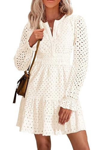 PRETTYGARDEN Women's 2025 Long Sleeve Mini Dress Eyelet V Neck A Line Casual Elegant Holiday Wedding Guest Party Dresses (White,Medium) | Amazon (US)