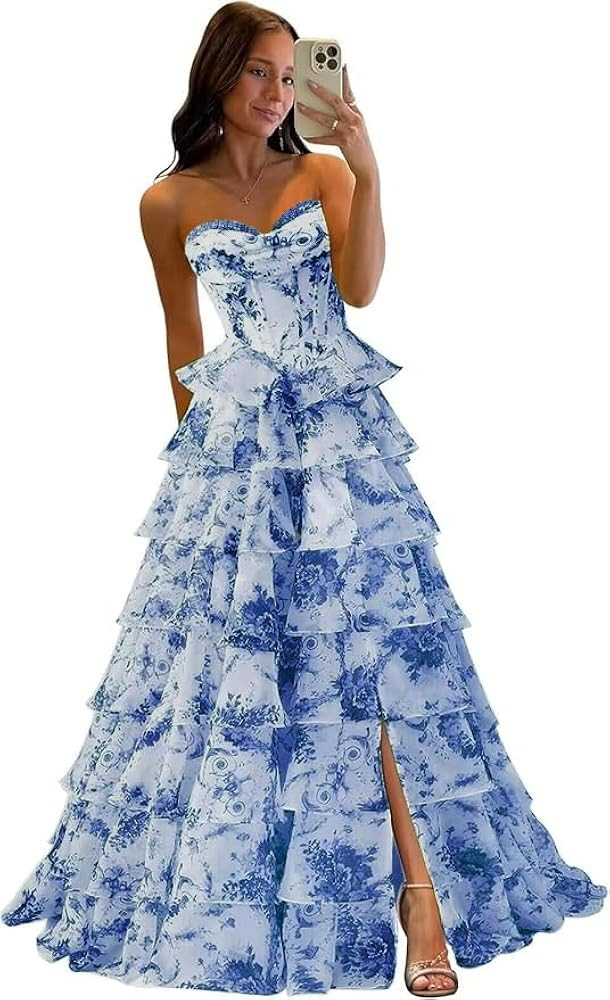 FoinLuve Ruffle Prom Dress Corset Tiered 2026 Strapless Long Chiffon Formal Evening Gown with Sli... | Amazon (US)
