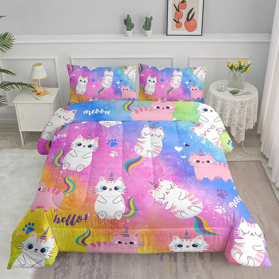 Axolotl Cat Bedding Twin Cartoon Cat Comforter Set,Rainbow Printed Kids Bedding Set for Girls Kid... | Amazon (US)