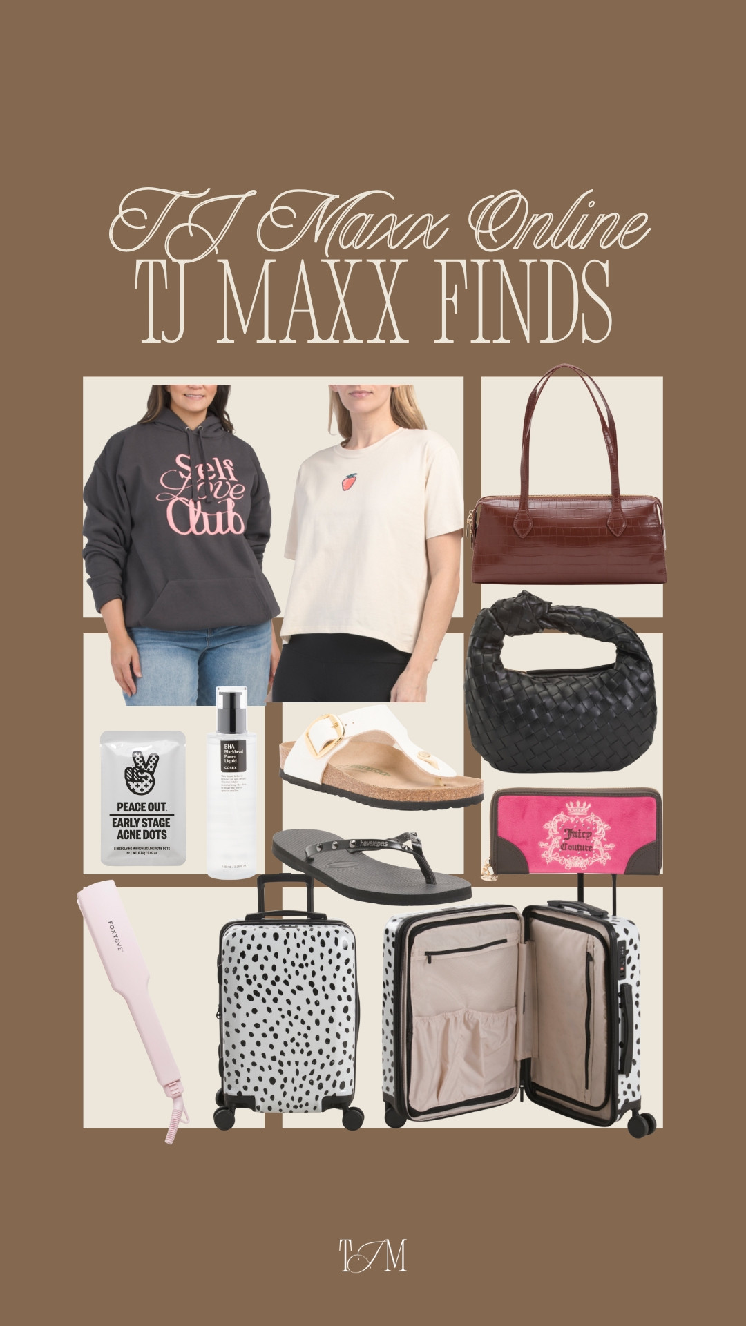 Found some absolute gems at TJ Maxx today! 🛍️✨ From the cutest CALPAK spotted luggage for your next getaway to that "Self Love Club," these finds are way too good to pass up. I’m also obsessed with the woven bag and those chic white Birkenstocks—they’re the perfect way to transition your wardrobe. Whether you're leveling up your travel game or just treating yourself to some new skincare and cozy fits, these are a 10/10. date night outfits, accolade crew neck pullover, satin effect wrap blouse, super bowl hosting, dark wash denim, brooch, lace trim, chocolate brown outfit, romantic knits, valentines day outfit women, analog hobbies, TJ Maxx finds, Maxxinista, travel aesthetic, spotted luggage, self love club, aesthetic hoodie, woven handbag, skincare favorites, spring transition, neutral style, affordable fashion, vacation essentials 

 #LTKNYFW #LTKstorytime #LTKSaleAlert