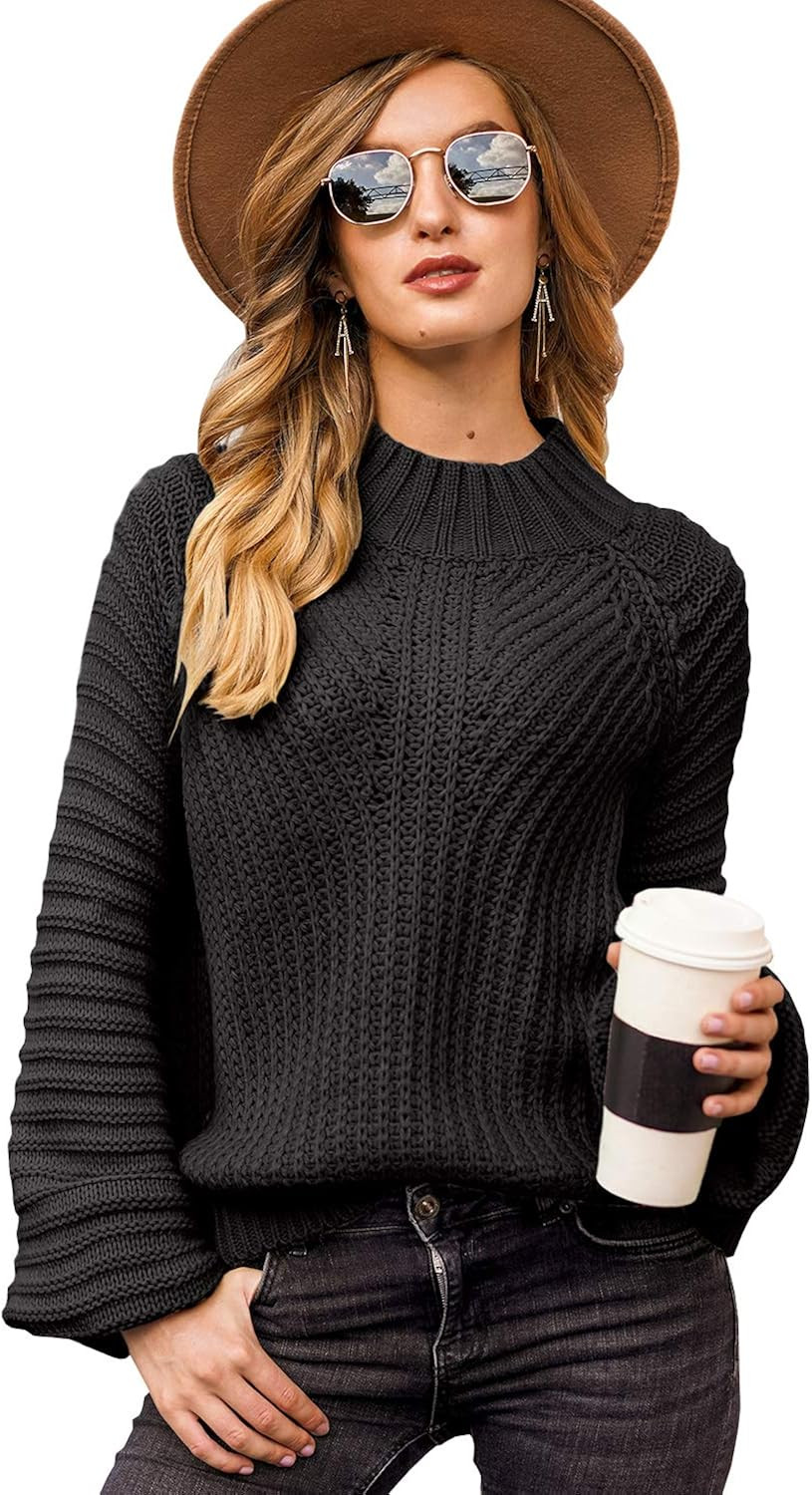 Miessial Women's Cable Knit Lantern Sleeve Sweater Pullover Casual Soft Crewneck Ribbed Sweater T... | Amazon (US)