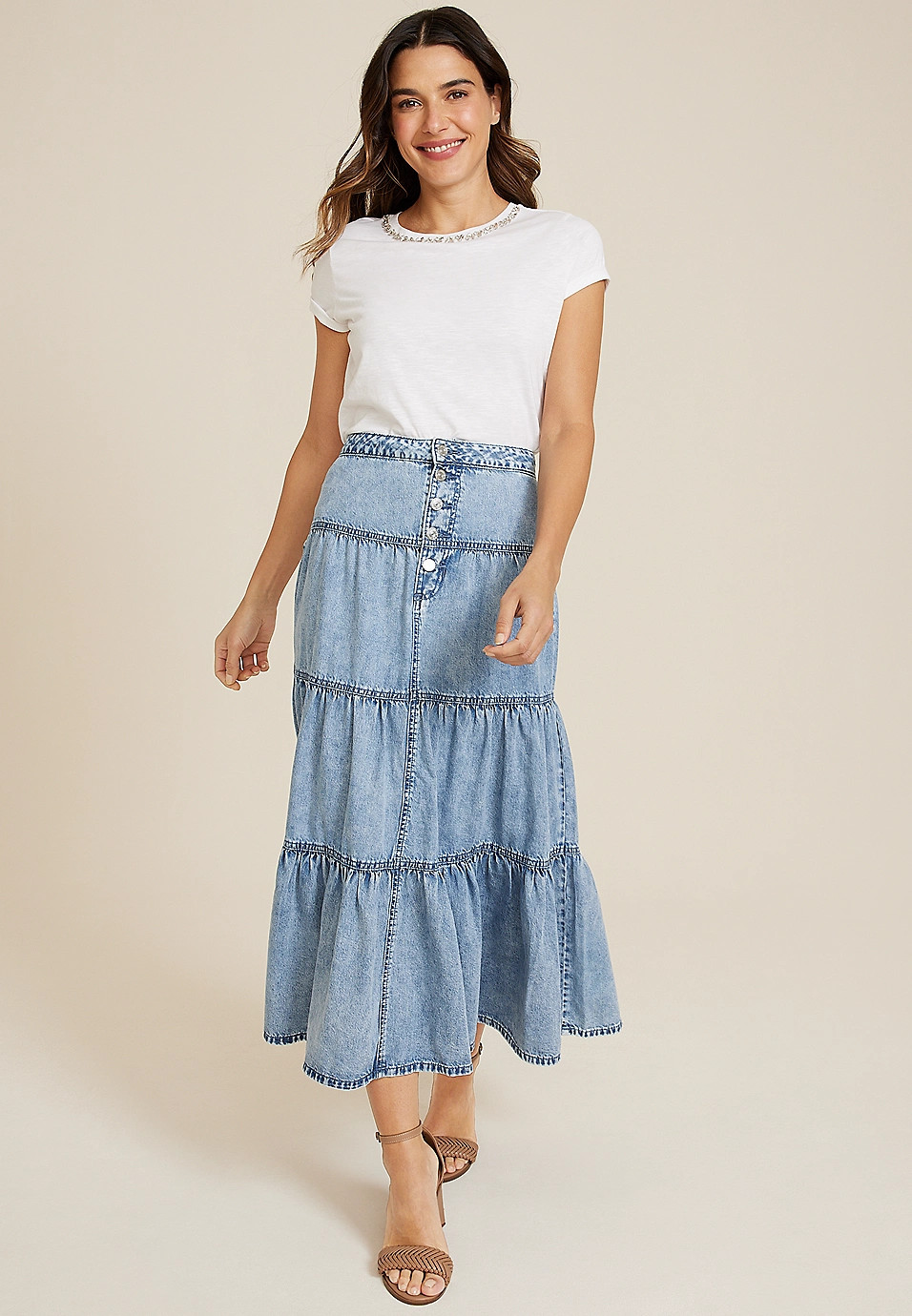 Button Fly Tiered Nonstretch Denim Maxi Skirt | Maurices