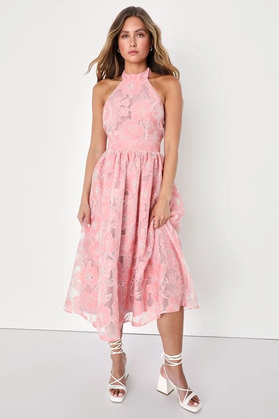 Gorgeous Look Pink Floral Burnout Halter Midi Dress | Lulus