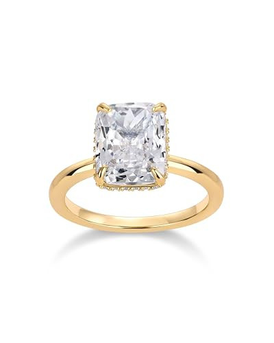 PAVOI 14K Yellow Gold Plated Radiant Cut Engagement Ring for Women | Hidden Halo Ring | Size 7 | Amazon (US)