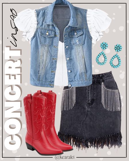 Country concert outfit festival outfits Nashville outfit cropped denim vest with white ruffle sleeve top and black embellished rhinestones denim skirt jean skirts distressed and red cowboy boots leather cowgirl boot tall boots turquoise earrings and straw cowgirl hat cowboy hats summer outfit fair carnival Fourth of July outfit rodeo outfits western outfit style 
.
Work dress outfits wedding guest dresses teacheroutfit workwear red maroon floral dress with beige ivory leather jacket and tall knee high beige boots taupe quilted purse teacher outfits, business casual, casual outfits, neutrals, street style, Midi skirt, Maxi Dress, Swimsuit, Bikini, Travel, skinny Jeans, Puffer Jackets, Concert Outfits, Cocktail Dresses, Sweater dress, Sweaters, cardigans Fleece Pullovers, hoodies, button-downs, Oversized Sweatshirts, Jeans, High Waisted Leggings, dresses, joggers, fall Fashion, winter fashion, leather jacket, Sherpa jackets, Deals, shacket, Plaid Shirt Jackets, apple watch bands, lounge set, Date Night Outfits, Vacation outfits, Mom jeans, shorts, sunglasses, Disney outfits, Romper, jumpsuit, Airport outfits, biker shorts, Weekender bag, plus size fashion, Stanley cup tumbler, Work blazers, Work Wear, workwear

boots booties take over the knee, ankle boots, Chelsea boots, combat boots, pointed toe, chunky sole, heel, sneakers, slip on shoes, Nike, adidas, vans, dr. marten’s, ugg slippers, golden goose, sandals, high heels, loafers, Birkenstock Birkenstocks, 

Wedding Guest Dresses, Bachelorette Party, White Dresses, bridesmaid dresses, cocktail dress, Bridal shower dress, bride, wedding guest outfit

Target, Abercrombie and fitch, Amazon, Shein, Nordstrom, H&M, forever 21, forever21, Walmart, asos, Nordstrom rack, Nike, adidas, Vans, Quay, Tarte, Sephora 


#LTKFestival #LTKStyleTip #LTKSeasonal