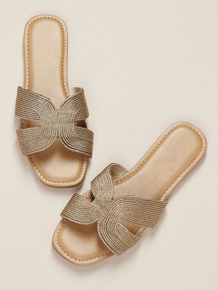 Metallic Woven Dual Cut Out Flat Slide Sandals | SHEIN