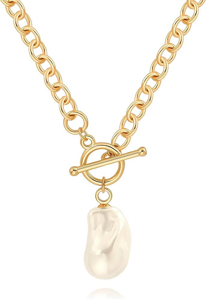 18k Gold Chain Link Necklace for Women, Baroque Pearl/Compass Pendant Necklace | Amazon (US)