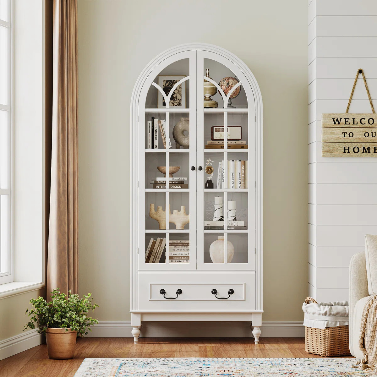 67" Tall Arched Kitchen Pantry, Display Storage Cabinet with Glass Door and Drawer | Wayfair North America
