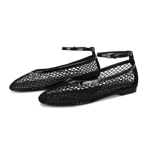 Wnshonzy Mesh Ballet Flats for Women Round Toe Fishnet Ballerina Flat Shoes Buckle Strap Women’s Mesh Mary Jane Flats Comfy Casual Office Womens Summer Black | Amazon (US)