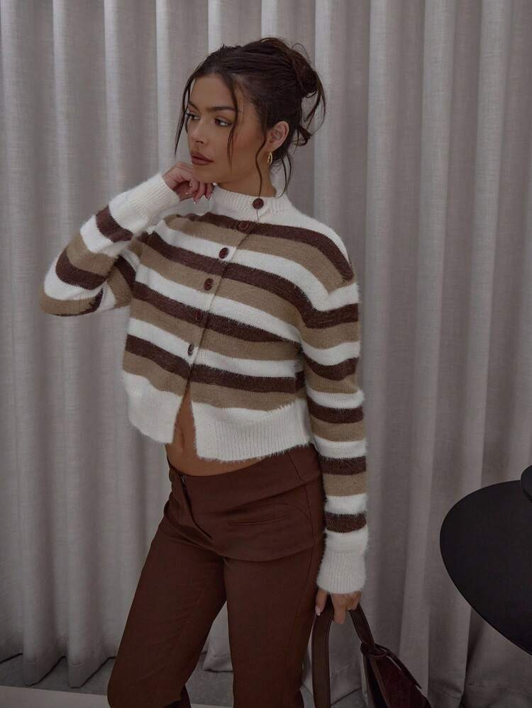 MUSERA High Neck Asymmetric Button Detail Stripe Fuzzy Knit Cardigan Streetwear Cute Classy Casual Sexy Going Out Fall Autumn Toffee | SHEIN
