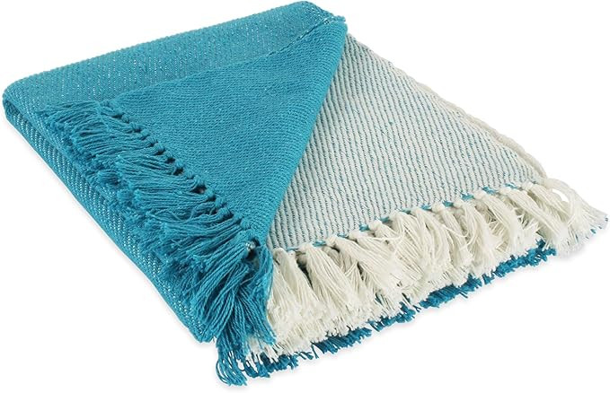 DII Four Square Cotton Woven Throw, 50x60 with 3" Fringe, Teal/White | Amazon (US)