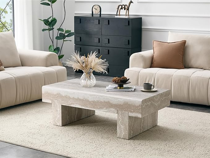46'' Modern Coffee Table for Living Room, Marble Pattern Stone Travertine Coffee Table with Stora... | Amazon (US)