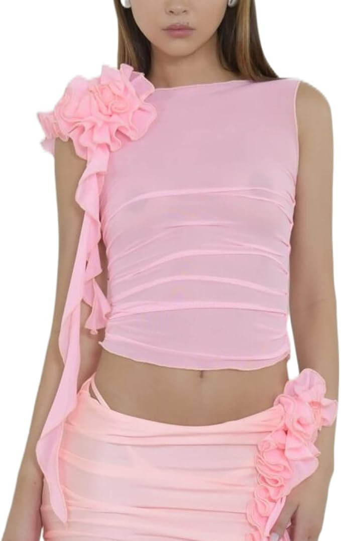 KMBANGI Floral Sexy Tank Top Women Y2k Ruffles Frill Halter Crop Tops Sleeveless Off Shoulder Bac... | Amazon (US)