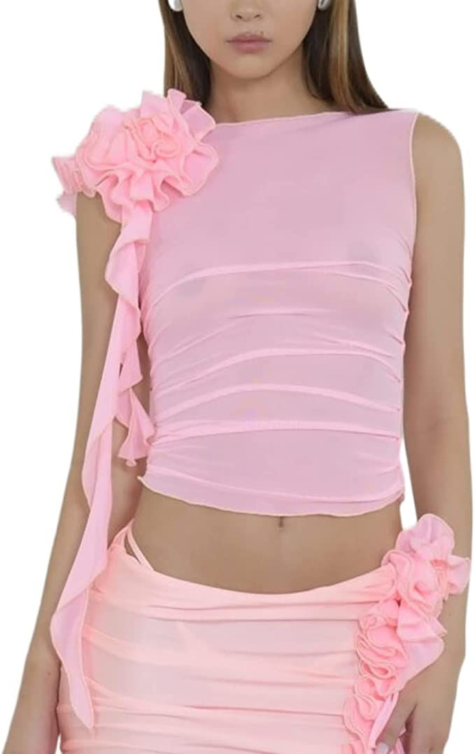 KMBANGI Floral Sexy Tank Top Women Y2k Ruffles Frill Halter Crop Tops Sleeveless Off Shoulder Bac... | Amazon (US)