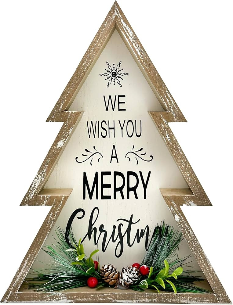 Christmas Decorations for Home Farmhouse Merry Christmas Tree with Pinecones Wooden Decorative Bl... | Amazon (US)