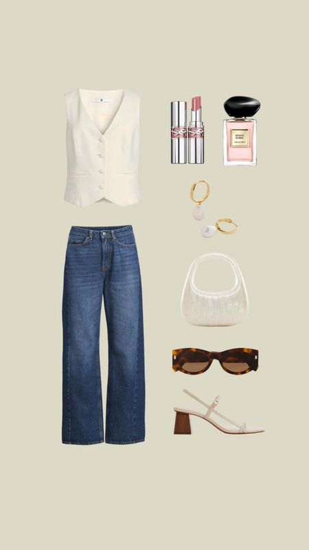 Spring smart outfit featuring a cream waistcoat and wide leg blue jeans from my edit with Very, heeled cream sandals, tortoiseshell sunglasses, mango pearl effect handbag, pearl and gold hoop earrings, Armani prive perfume & ysl shine lipstick  

#LTKSeasonal #LTKeurope #LTKstyletip