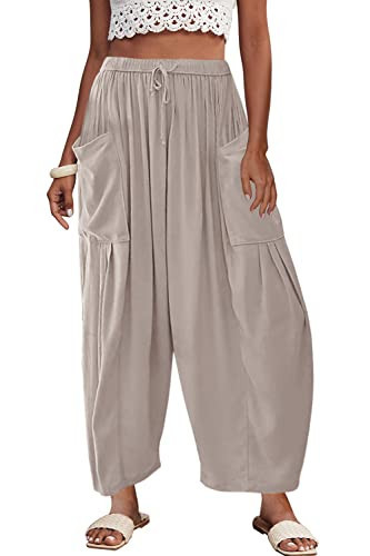 SENSERISE Womens High Waisted Linen Palazzo Pants Wide Leg Lounge Beach Harem Pants Baggy Trousers with Big Pockets(Light Grey,M) | Amazon (US)