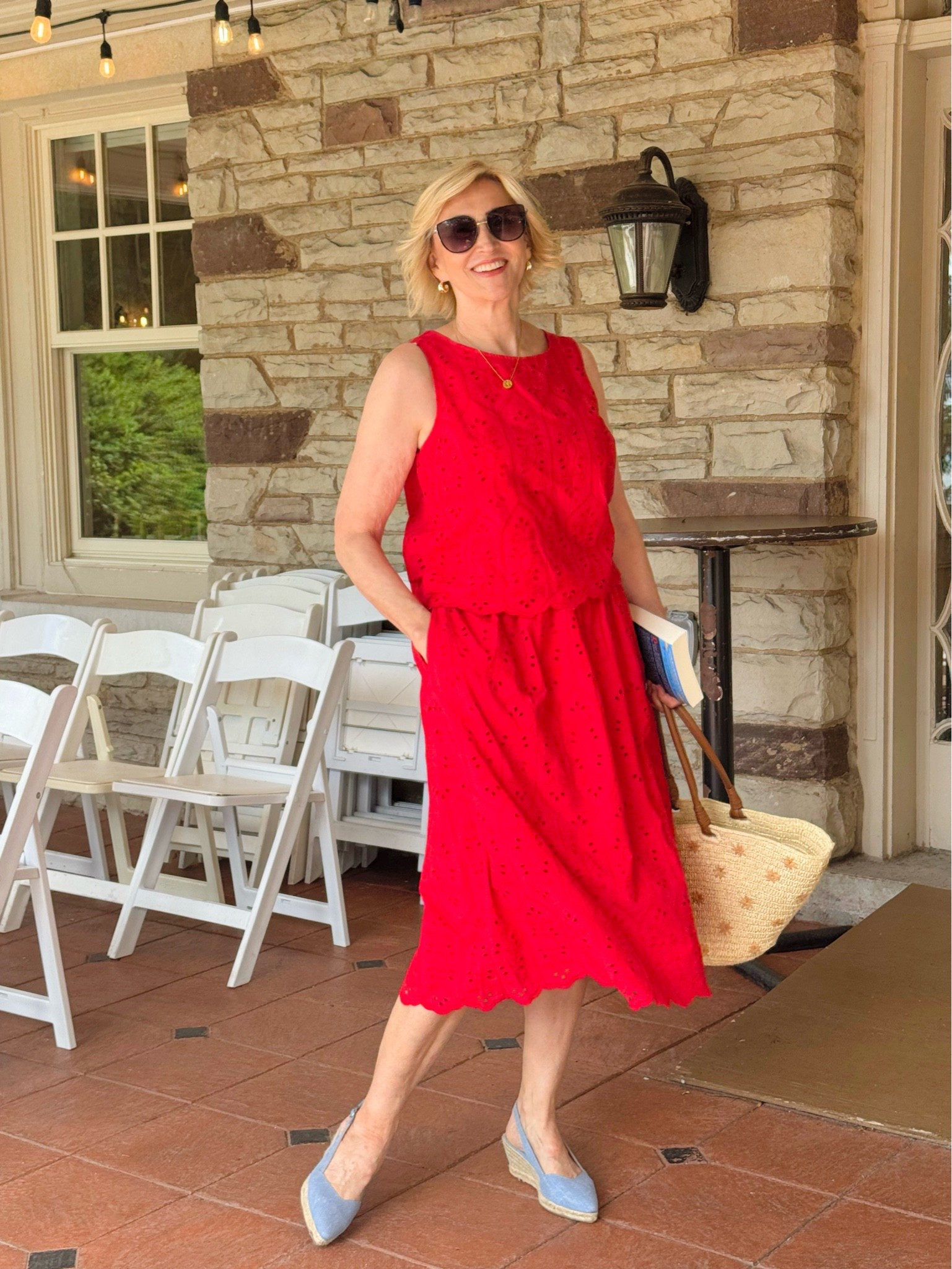 I can never say no to a matching set… especially in a gorgeous red eyelet fabric. ❤️ It feels feminine, effortless, and just a little bit fun. Paired with denim espadrilles, it’s the kind of outfit that’s perfect for sunny days when you want to look put together without overthinking it.

#LTKSeasonal #LTKOver40 #LTKootd