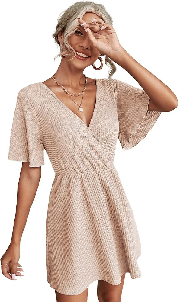 Romwe Women's Short Sleeve V Neck All Over Print High Waist A Line Summer Short Dress | Amazon (US)