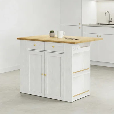 Large Kitchen Island With Drop-Leaf Countertop, 2 Stools, And Power Strip | 2-Door Cabinet, 5 Open Racks & 2 Drawers For Ample Storage Space | Wayfair North America
