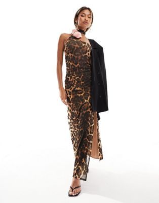 ASOS DESIGN mesh one shoulder maxi dress with contrast corsage in leopard print | ASOS | ASOS (Global)