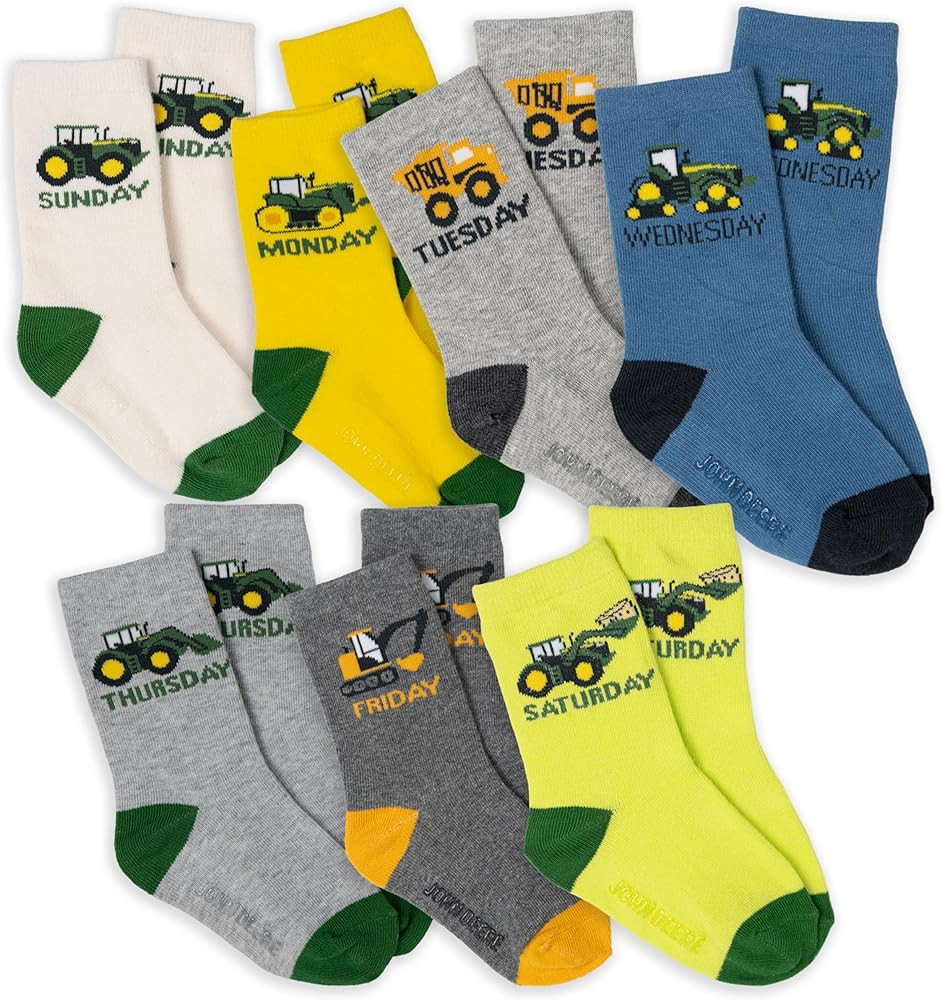 John Deere Truck 7 Pack Non-Slip Grip Crew Socks Infant to Little Kid Sizes (12-24 Months - 4-6) | Amazon (US)
