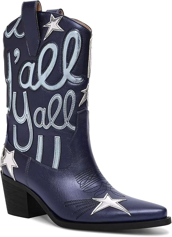 Metallic Cowboy boots for Women Mid Calf Low Heel Pointed Toe Womens Cowgirl Boots Fashion Embroi... | Amazon (US)