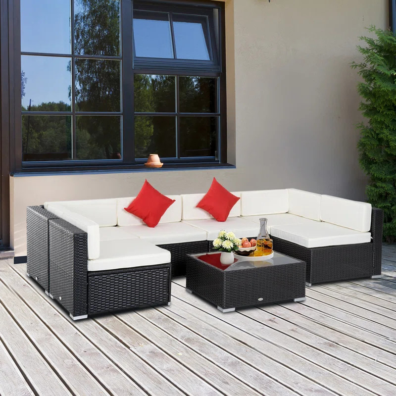 Merton 7 Piece Rattan Sectional Seating Group with Cushions | Wayfair North America