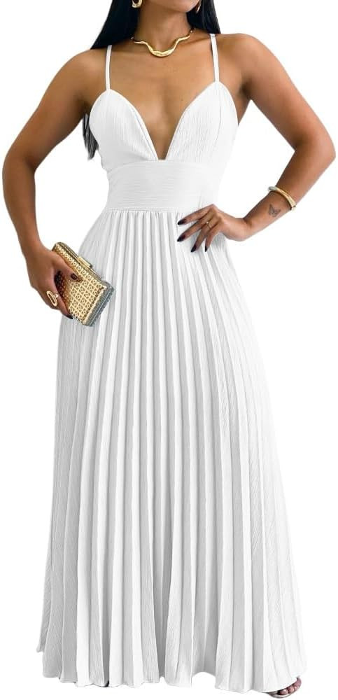 CHICME BEST SHOPPING DEALS Women's Spaghetti Strap Maxi Dress V Neck Sleeveless Flowy Dress Pleat... | Amazon (US)