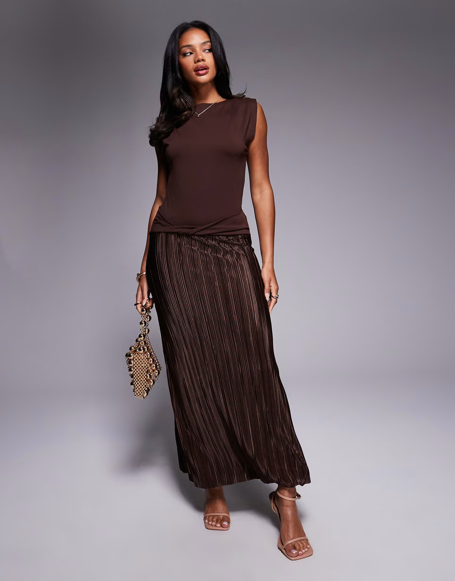 ASOS DESIGN hybrid plisse twist detail maxi dress in brown | ASOS (Global)
