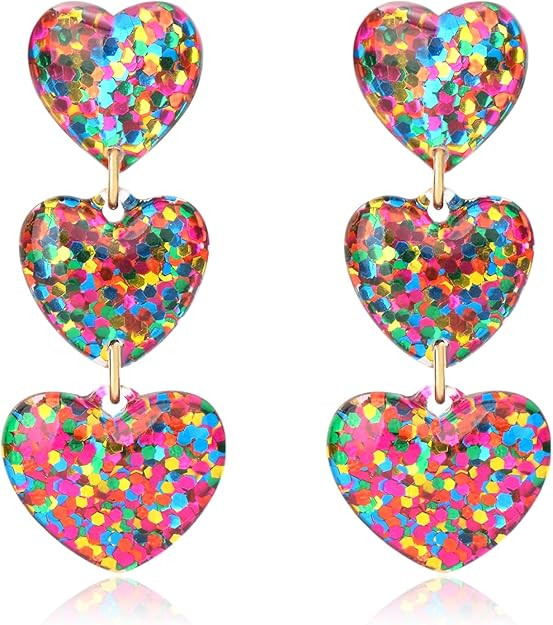 RareLove Sparkle Heart Earrings,Lightweight Colorful Three Hearts Dangling Stud Earrings for Wome... | Amazon (US)