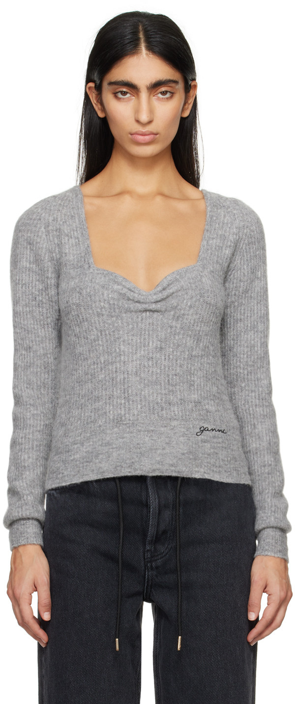 GANNI Gray Sweetheart Neck Sweater | SSENSE