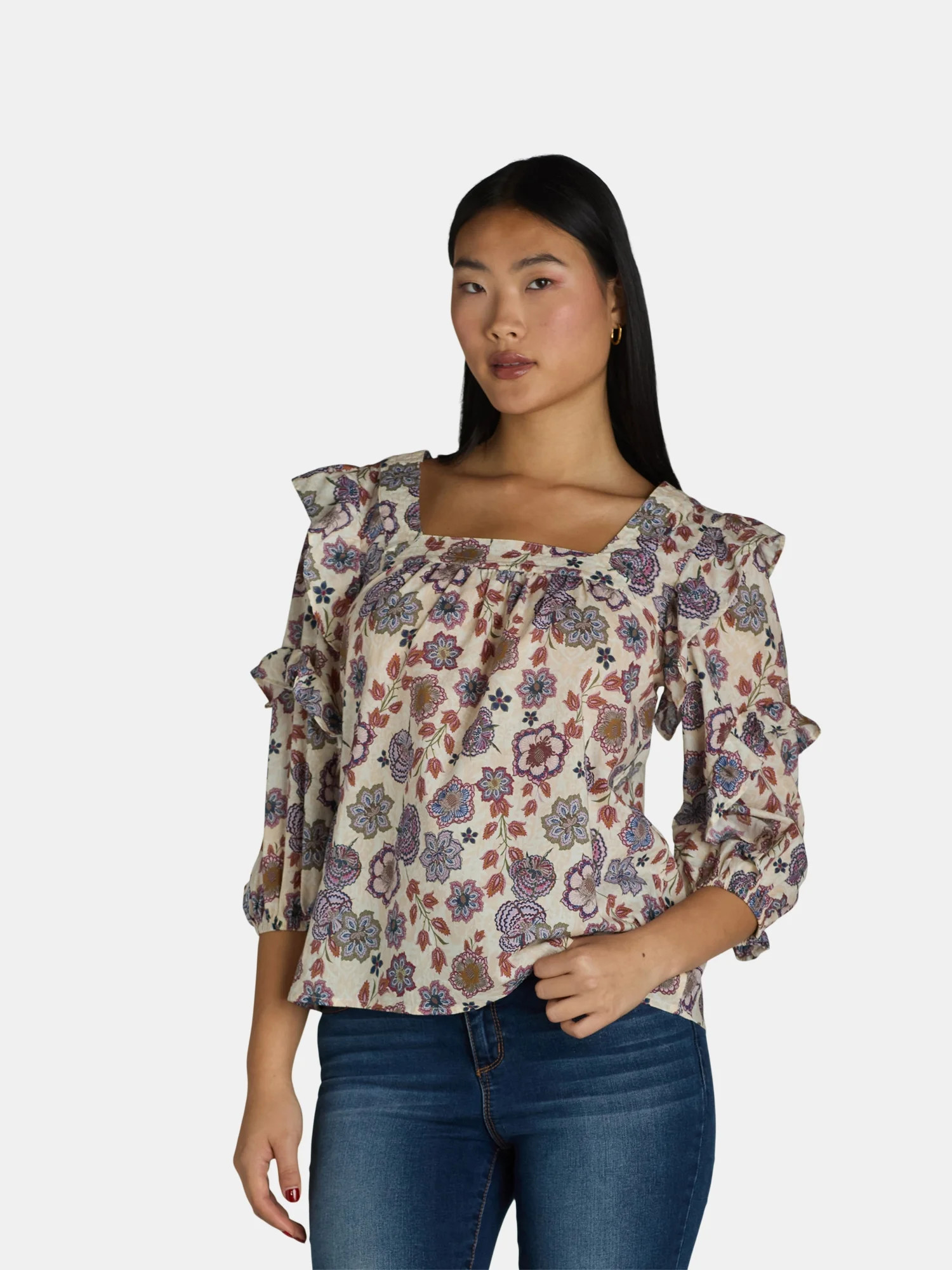The Pioneer Woman Cotton Square Neck Blouse with Ruffle Sleeves, Women’s, Sizes XS-3X - Walmart... | Walmart (US)