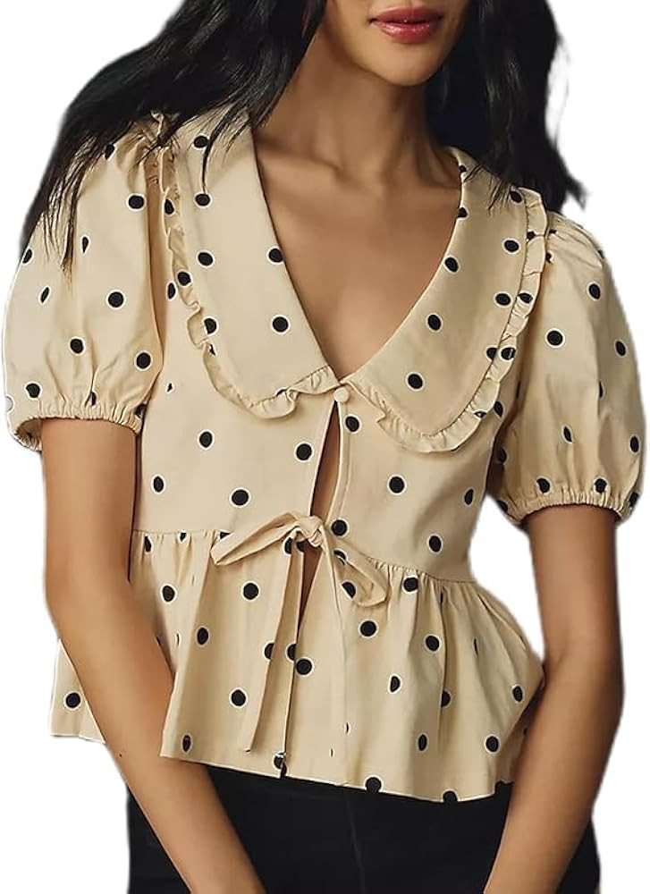 Boho Tie Front Going Out Tops for Women 2024 Floral Print Peplum Babydoll Shirt Bohemian Lantern ... | Amazon (US)