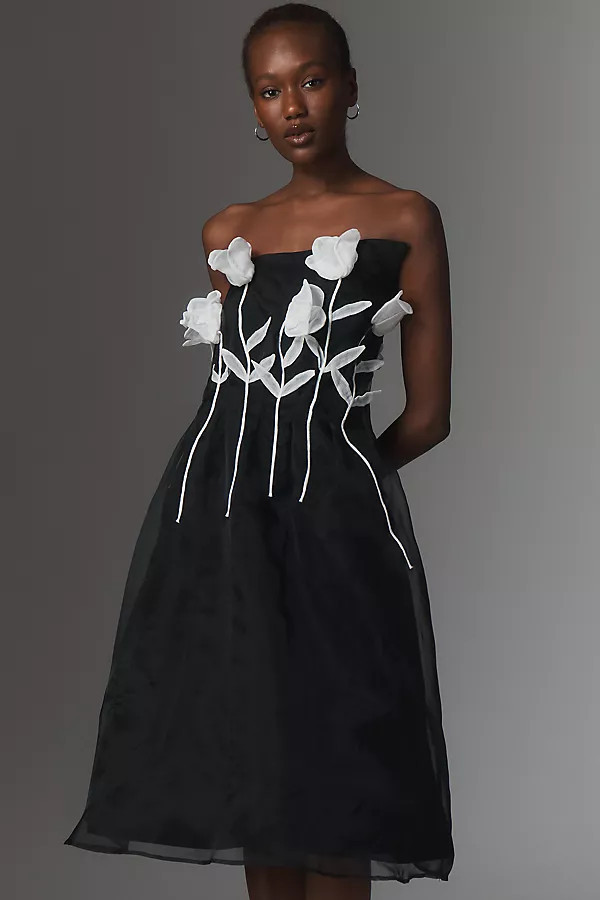 3D Floral Strapless Midi Dress | Anthropologie (US)