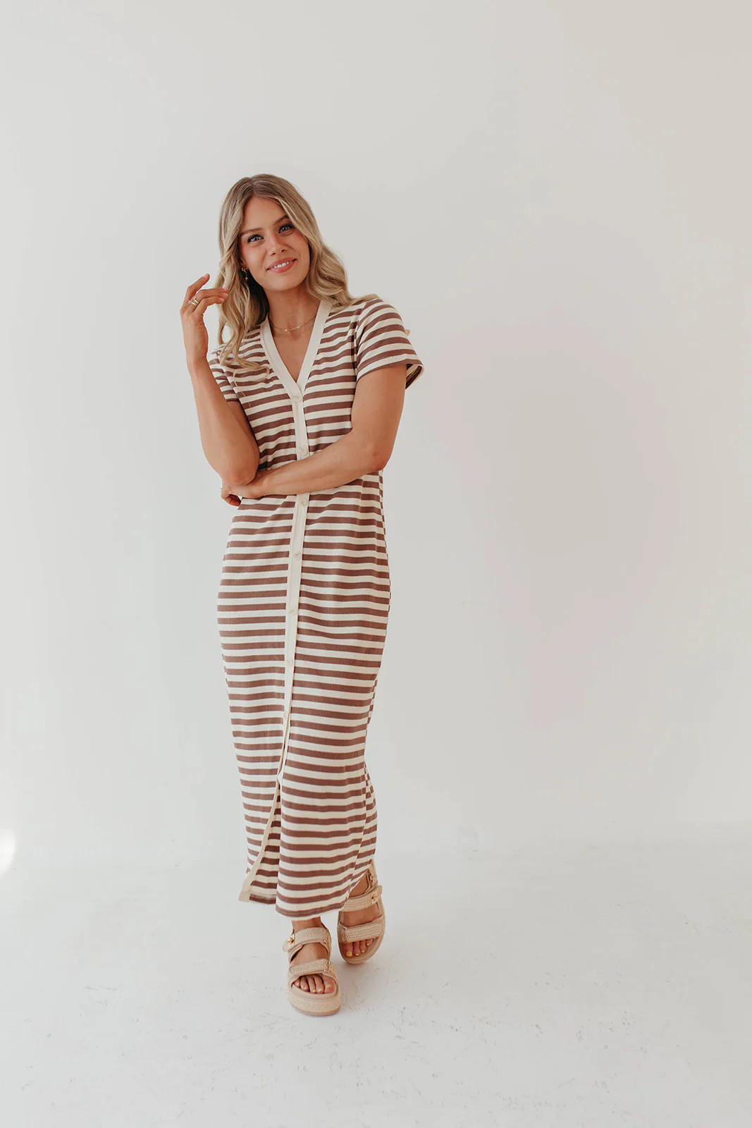 THE MIRKA MIDI DRESS IN MOCHA STRIPE | Pink Desert
