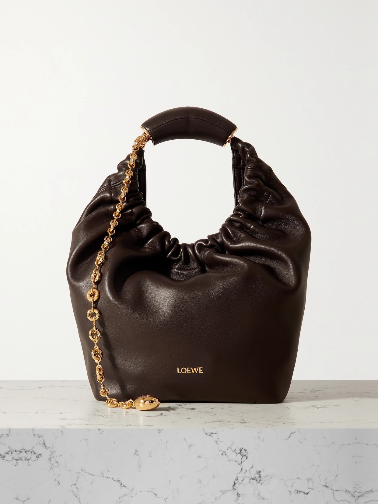 LOEWE - Squeeze Small Chain-embellished Gathered Leather Shoulder Bag - Brown | NET-A-PORTER (US)