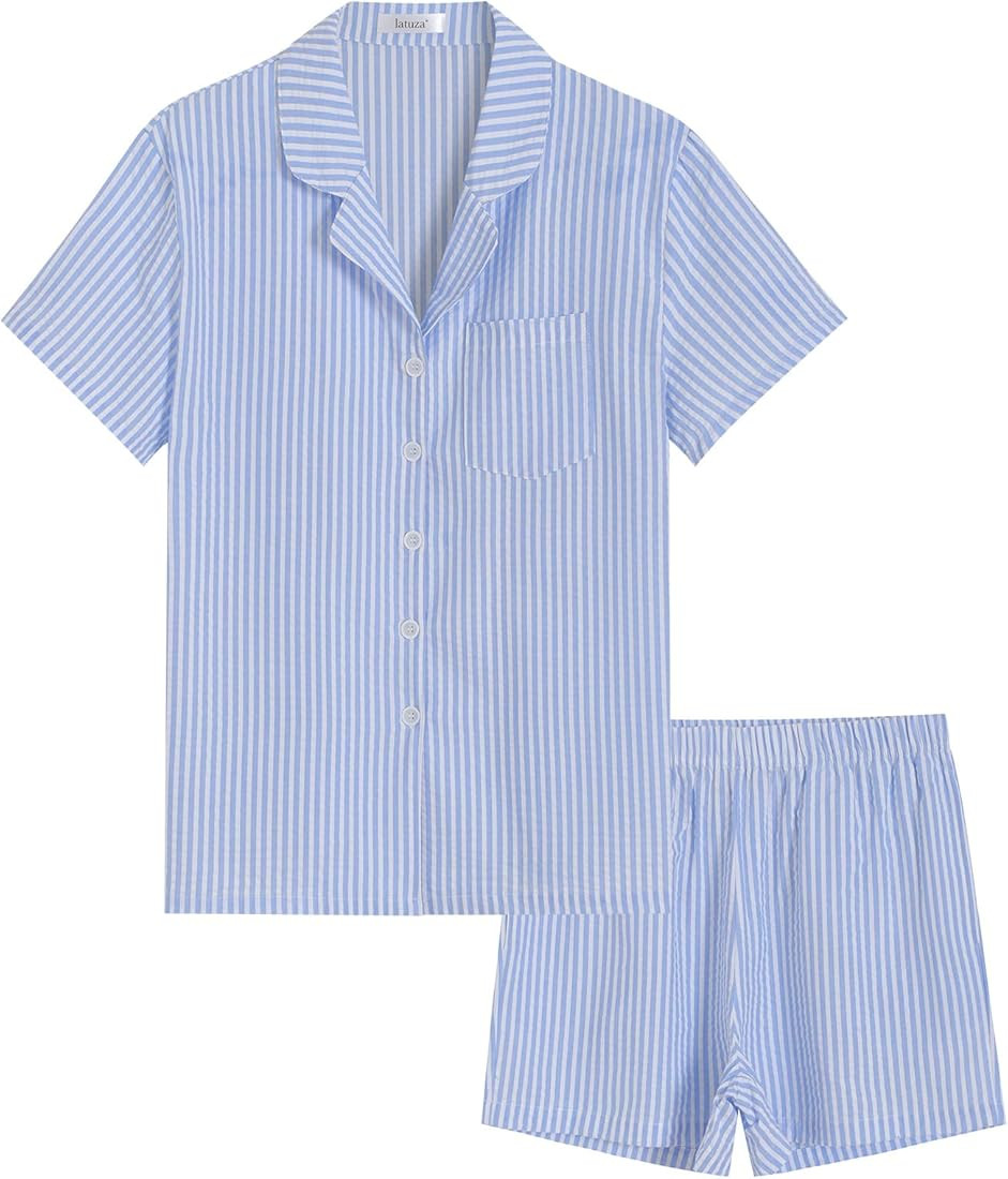 Latuza Women's Seersucker Cotton Summer Pajama Set Button Down Pj Set | Amazon (US)